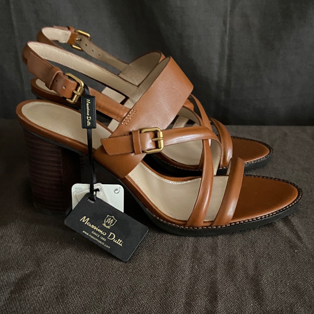 Massimo Dutti Tan Leather Strappy Block Heel Sandals new